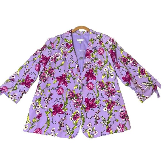 Susan Graver Women's Printed Peachskin Blazer with Ruched Sleeves Lilac Size 22W - Picture 1 of 9